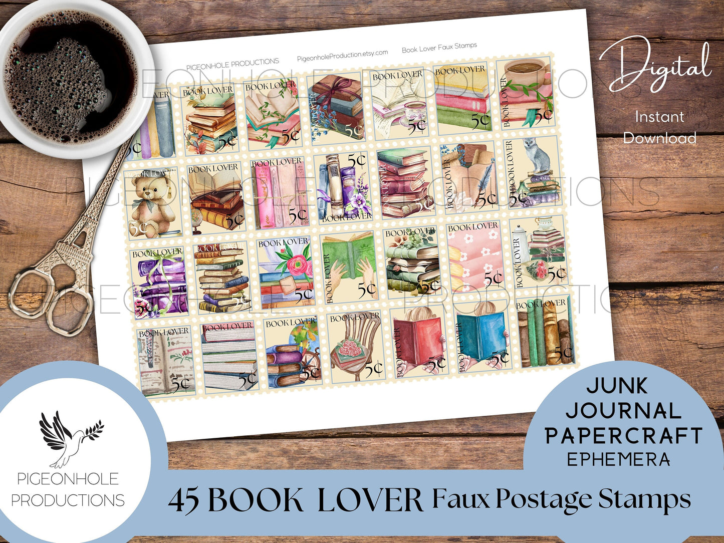 Book Lover Faux Postage Stamps—PRINTABLE—Use in junk journals, planners, scrapbooking, collage, or print on sticker paper for stickers