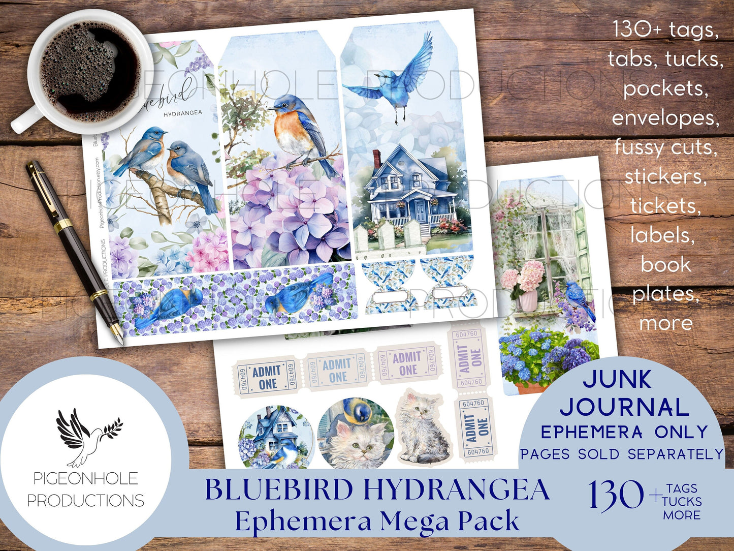 Bluebird Hydrangea Junk Journal EPHEMERA, PRINTABLE, 130+ tags, tucks, pockets, envelopes, fussy cuts, stickers, tickets, labels, bookplates