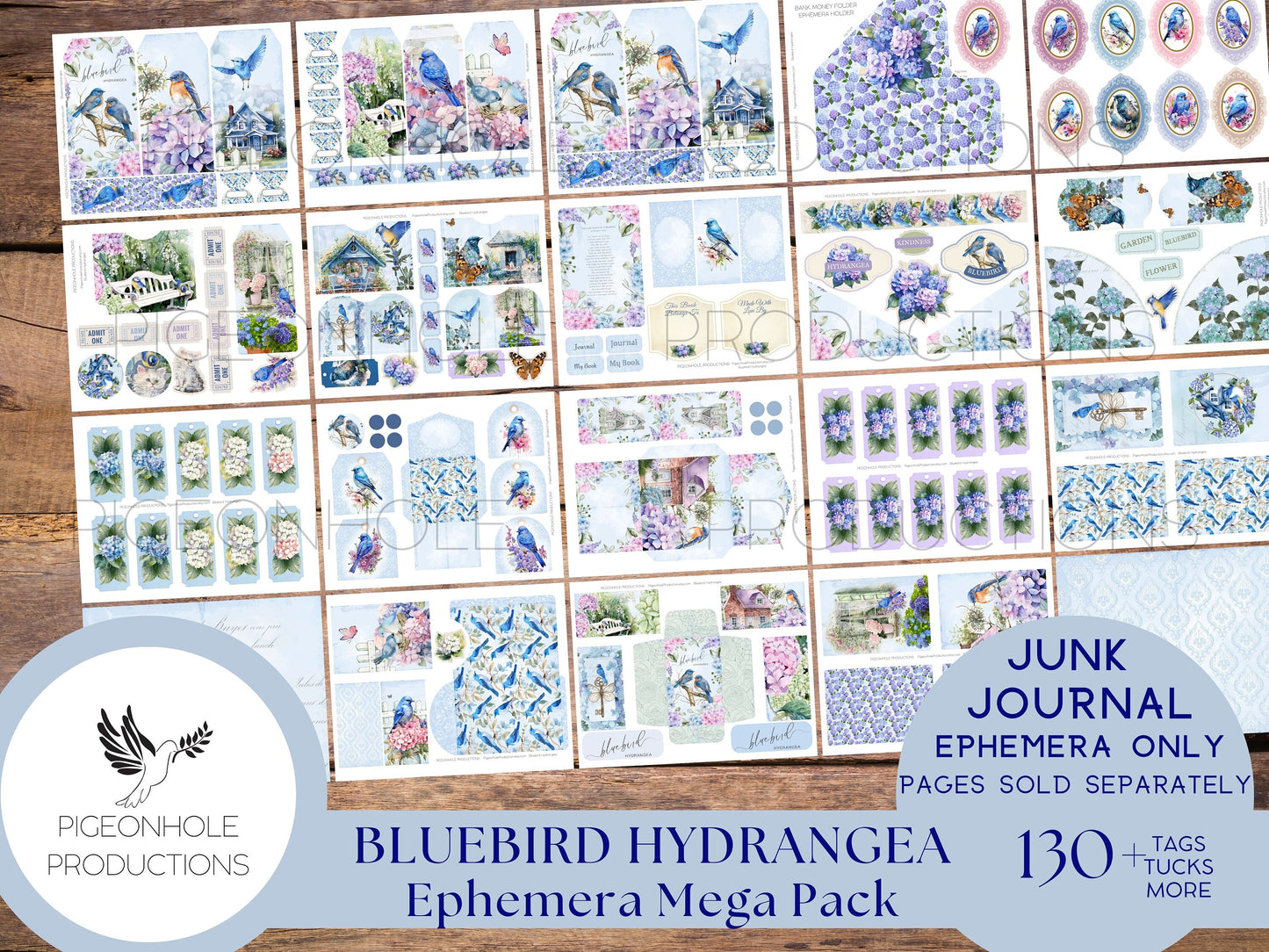 Bluebird Hydrangea Junk Journal EPHEMERA, PRINTABLE, 130+ tags, tucks, pockets, envelopes, fussy cuts, stickers, tickets, labels, bookplates