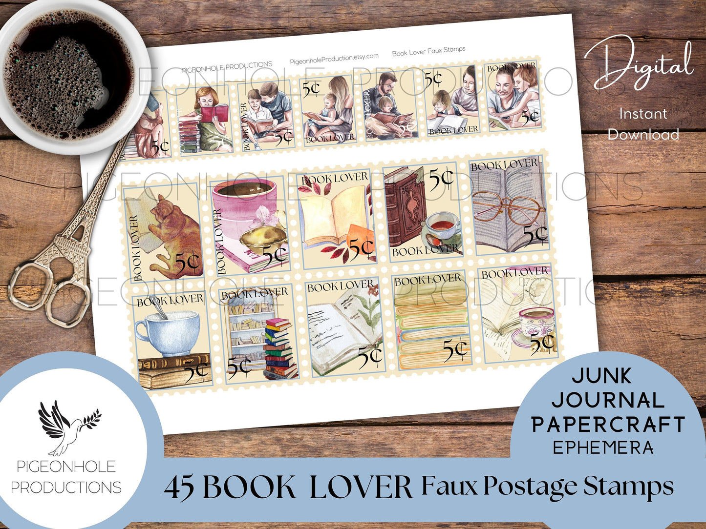 Book Lover Faux Postage Stamps—PRINTABLE—Use in junk journals, planners, scrapbooking, collage, or print on sticker paper for stickers