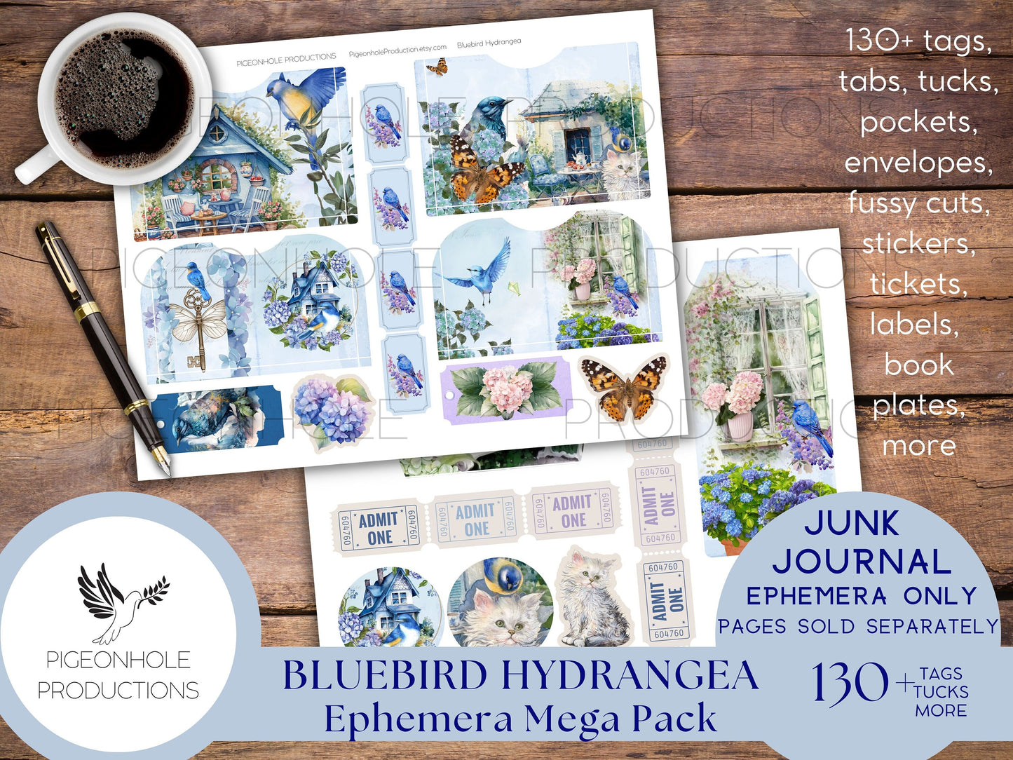 Bluebird Hydrangea Junk Journal EPHEMERA, PRINTABLE, 130+ tags, tucks, pockets, envelopes, fussy cuts, stickers, tickets, labels, bookplates
