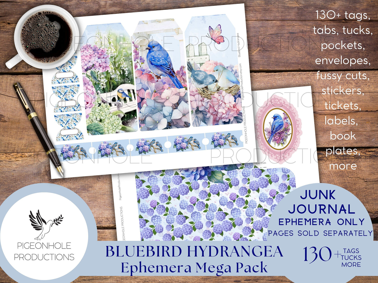 Bluebird Hydrangea Junk Journal EPHEMERA, PRINTABLE, 130+ tags, tucks, pockets, envelopes, fussy cuts, stickers, tickets, labels, bookplates