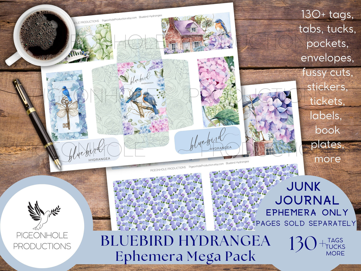 Bluebird Hydrangea Junk Journal EPHEMERA, PRINTABLE, 130+ tags, tucks, pockets, envelopes, fussy cuts, stickers, tickets, labels, bookplates