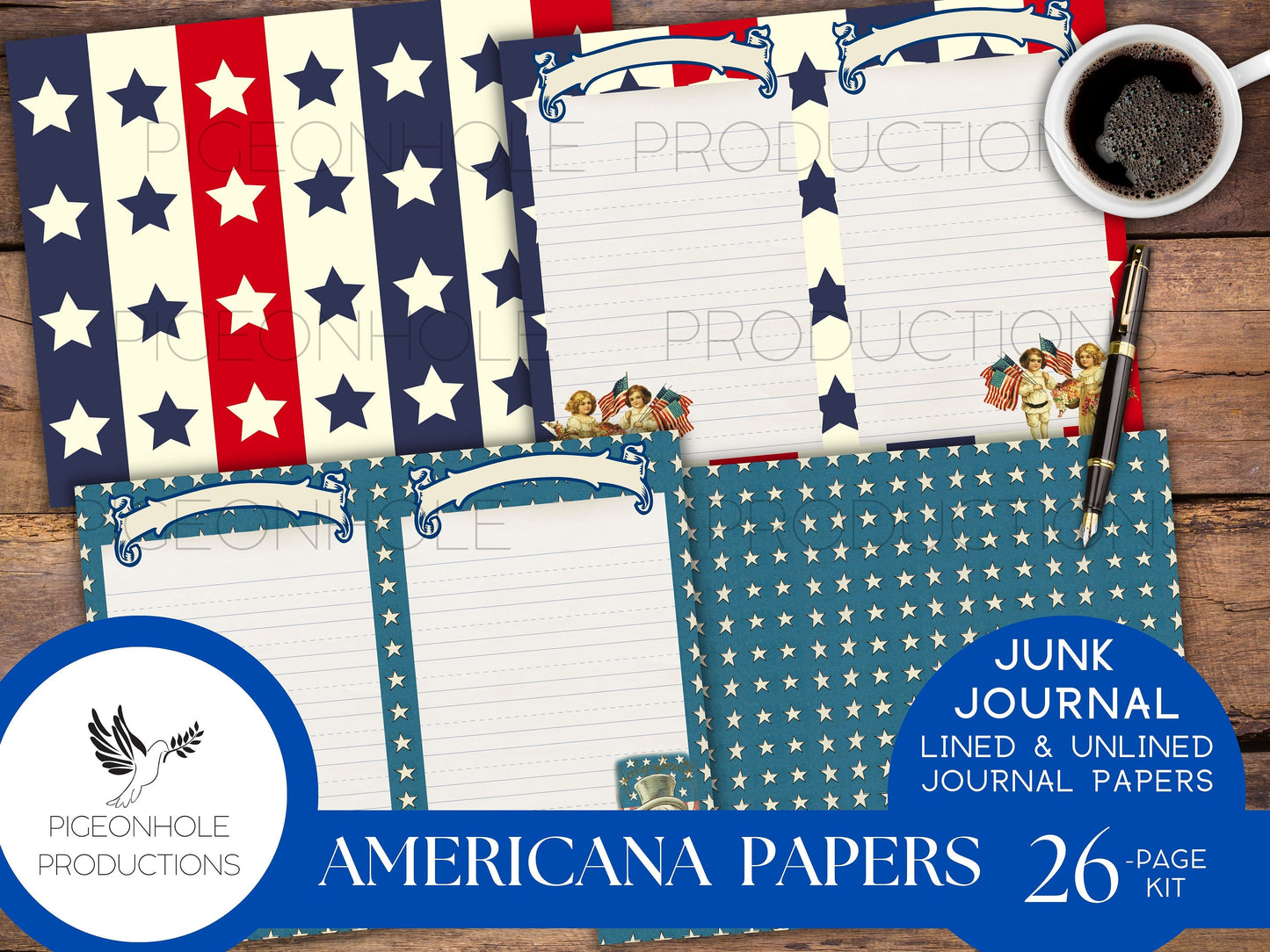 Americana Junk Journal Papers, PRINTABLE, 26 vintage style lined & unlined sheets with patriotic images, for handmade junk journals, crafts