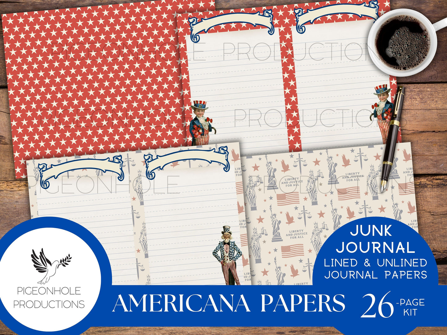 Americana Junk Journal Papers, PRINTABLE, 26 vintage style lined & unlined sheets with patriotic images, for handmade junk journals, crafts