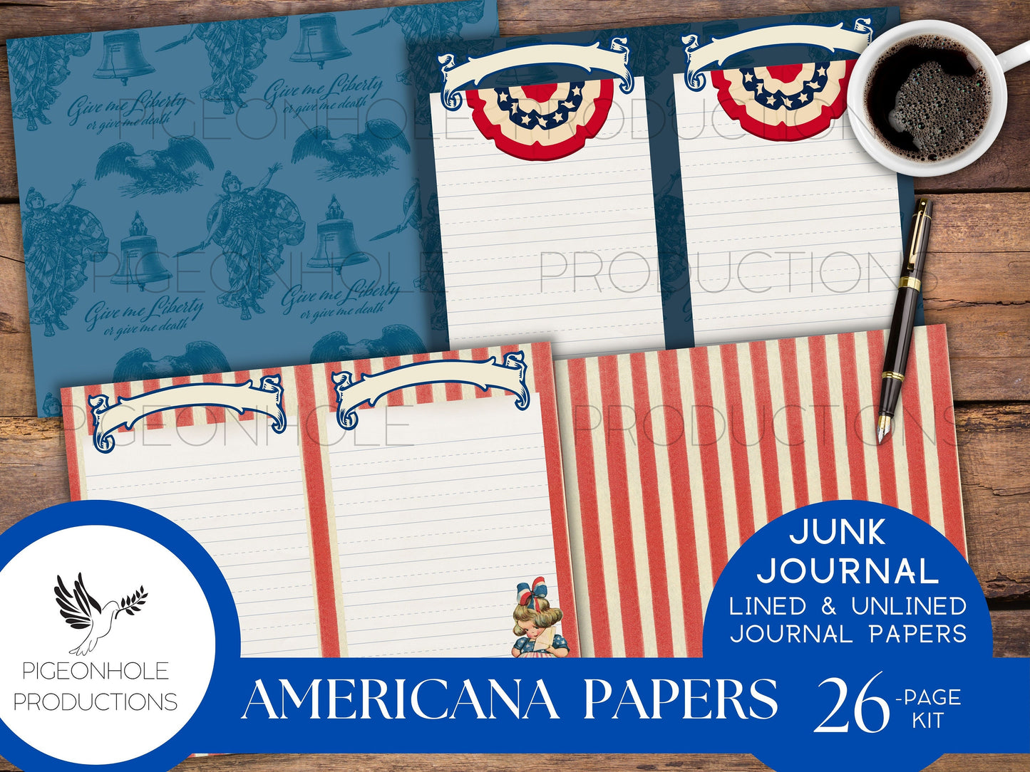 Americana Junk Journal Papers, PRINTABLE, 26 vintage style lined & unlined sheets with patriotic images, for handmade junk journals, crafts
