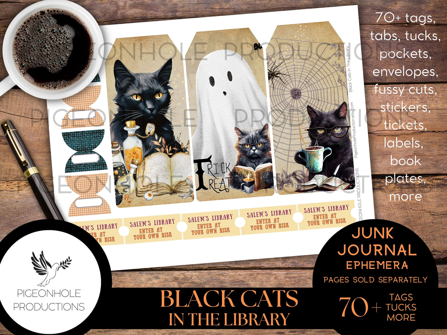 Black Cats In the Library Junk Journal EPHEMERA, PRINTABLE, 70+ tags, pockets, envelopes, fussy cuts, stickers, tickets, labels, bookplates