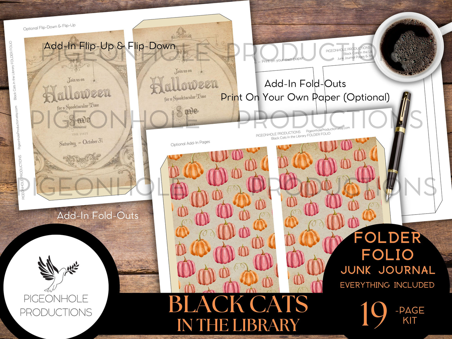 FOLDER FOLIO Black Cats In the Library Halloween Junk Journal, PRINTABLE, cover, backings, pockets, tags, envelope, fussy cuts, stickers