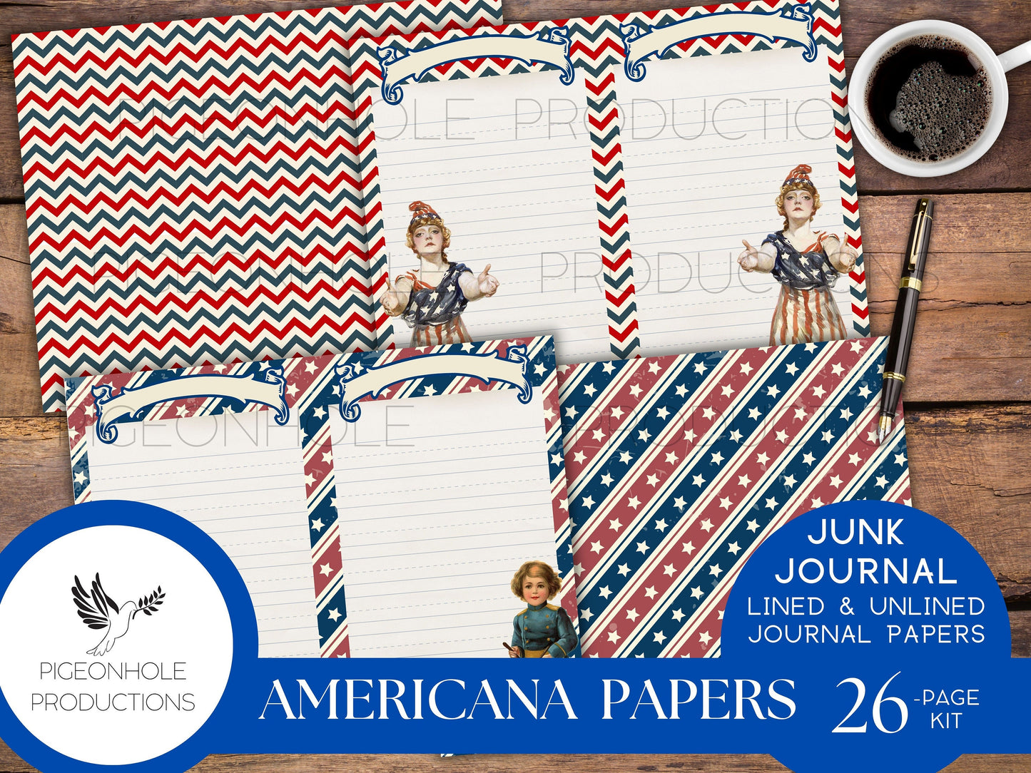 Americana Junk Journal Papers, PRINTABLE, 26 vintage style lined & unlined sheets with patriotic images, for handmade junk journals, crafts
