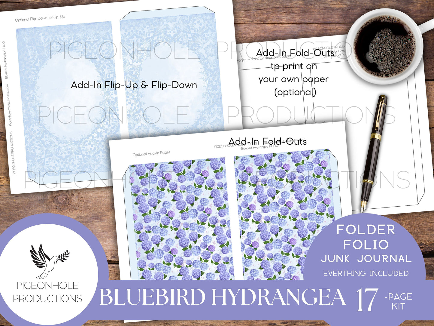 Bluebird Hydrangea Junk Journal FOLIO, PRINTABLE, cover, backings, pockets, belly band, tags, envelope, fussy cuts, very pretty kit!