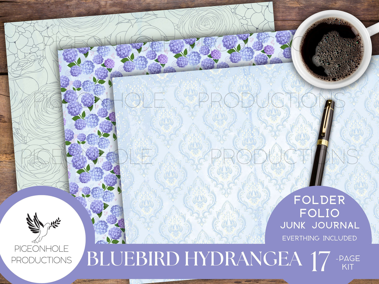 Bluebird Hydrangea Junk Journal FOLIO, PRINTABLE, cover, backings, pockets, belly band, tags, envelope, fussy cuts, very pretty kit!