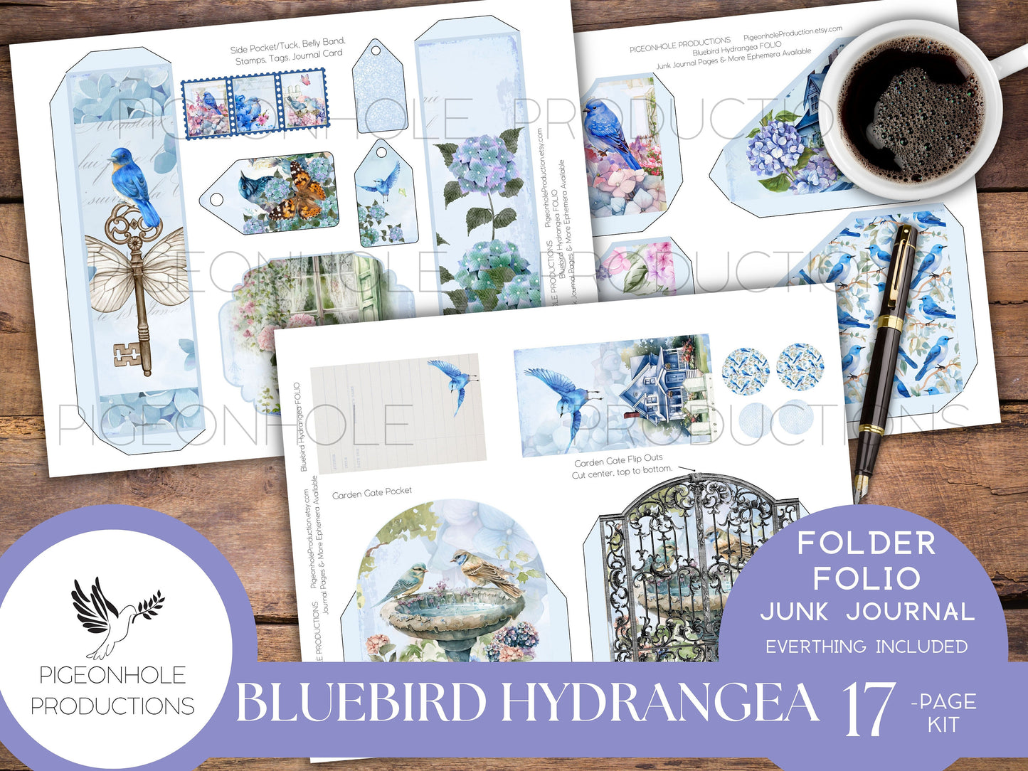 Bluebird Hydrangea Junk Journal FOLIO, PRINTABLE, cover, backings, pockets, belly band, tags, envelope, fussy cuts, very pretty kit!