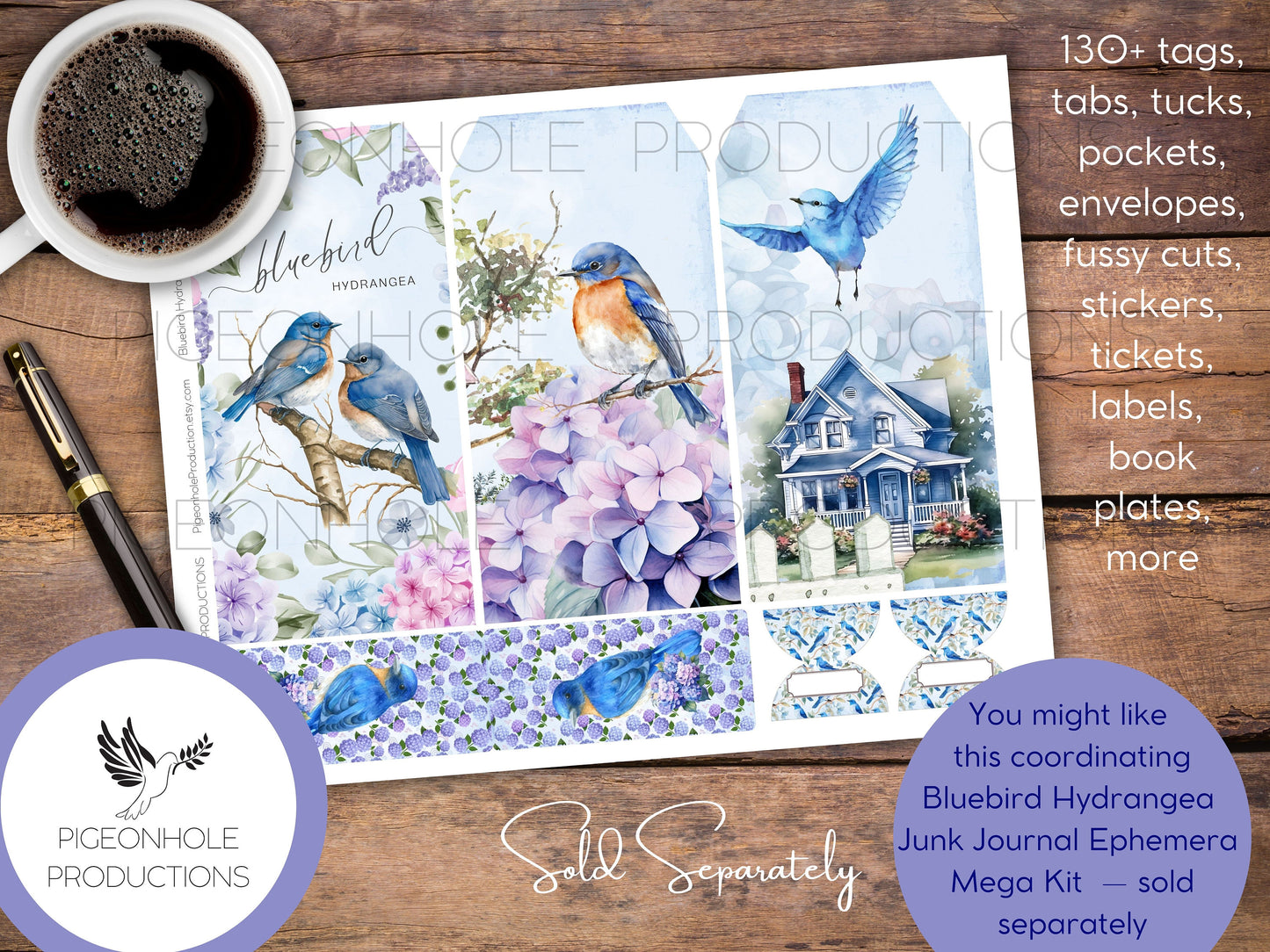 Bluebird Hydrangea Junk Journal FOLIO, PRINTABLE, cover, backings, pockets, belly band, tags, envelope, fussy cuts, very pretty kit!