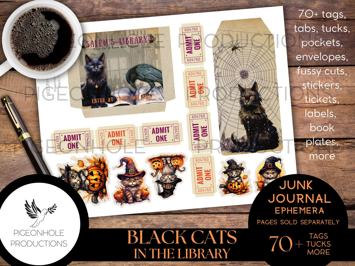 Black Cats In the Library Junk Journal EPHEMERA, PRINTABLE, 70+ tags, pockets, envelopes, fussy cuts, stickers, tickets, labels, bookplates