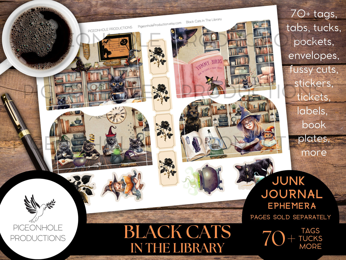 Black Cats In the Library Junk Journal EPHEMERA, PRINTABLE, 70+ tags, pockets, envelopes, fussy cuts, stickers, tickets, labels, bookplates