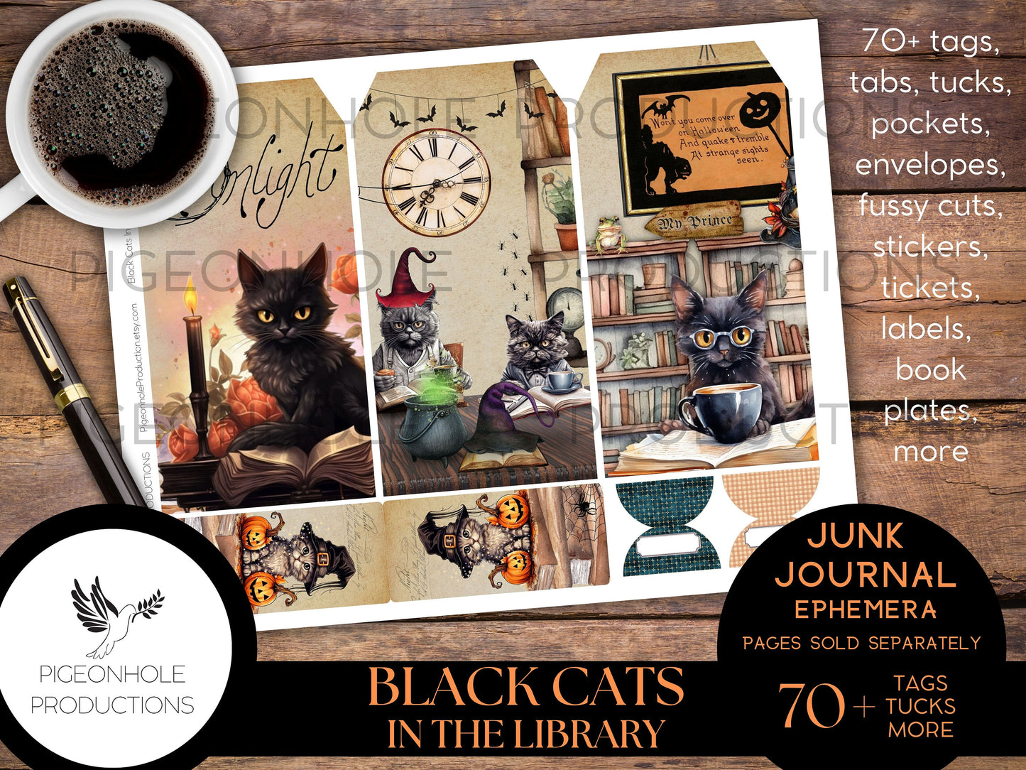 Black Cats In the Library Junk Journal EPHEMERA, PRINTABLE, 70+ tags, pockets, envelopes, fussy cuts, stickers, tickets, labels, bookplates
