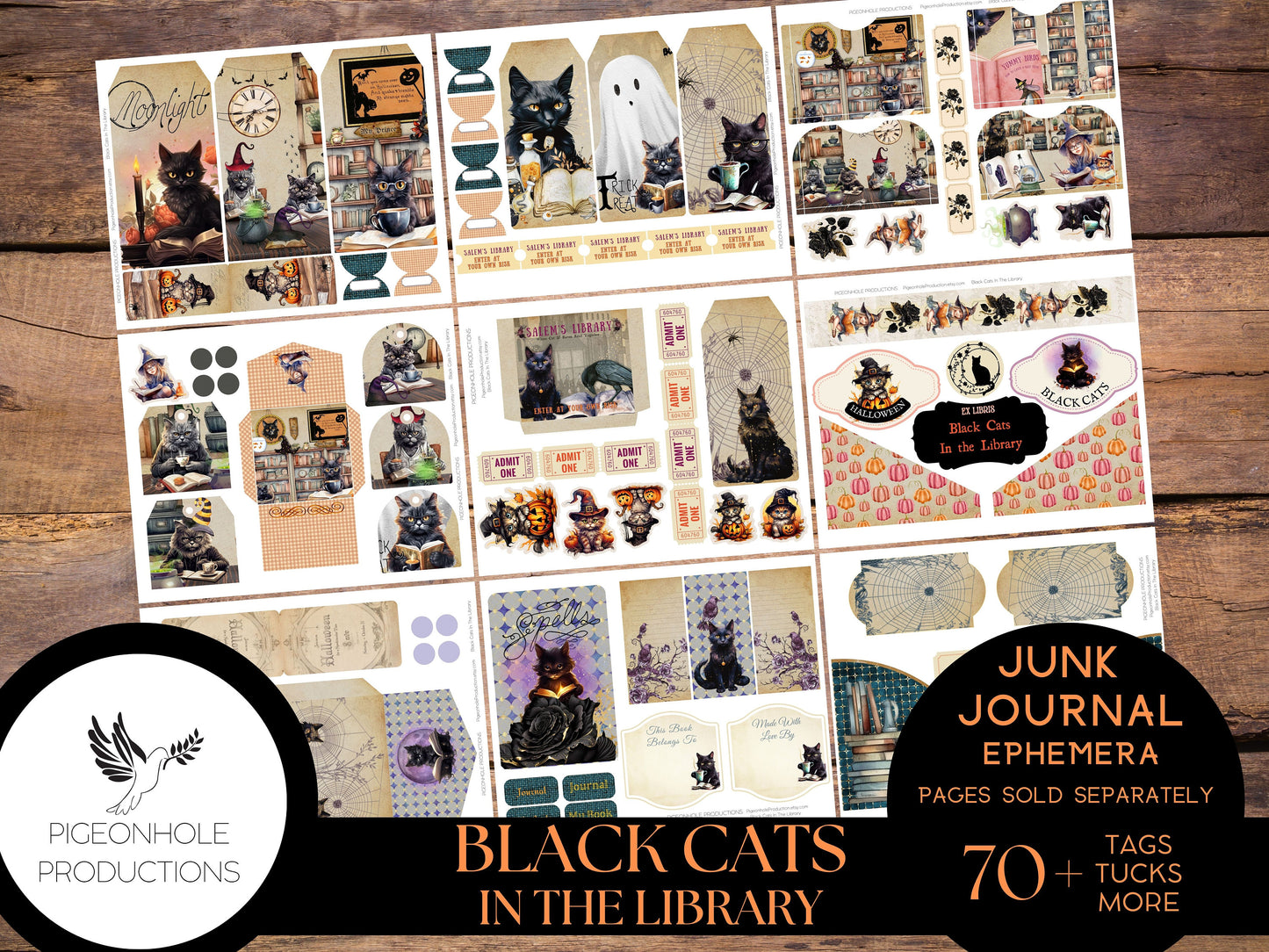 Black Cats In the Library Junk Journal EPHEMERA, PRINTABLE, 70+ tags, pockets, envelopes, fussy cuts, stickers, tickets, labels, bookplates