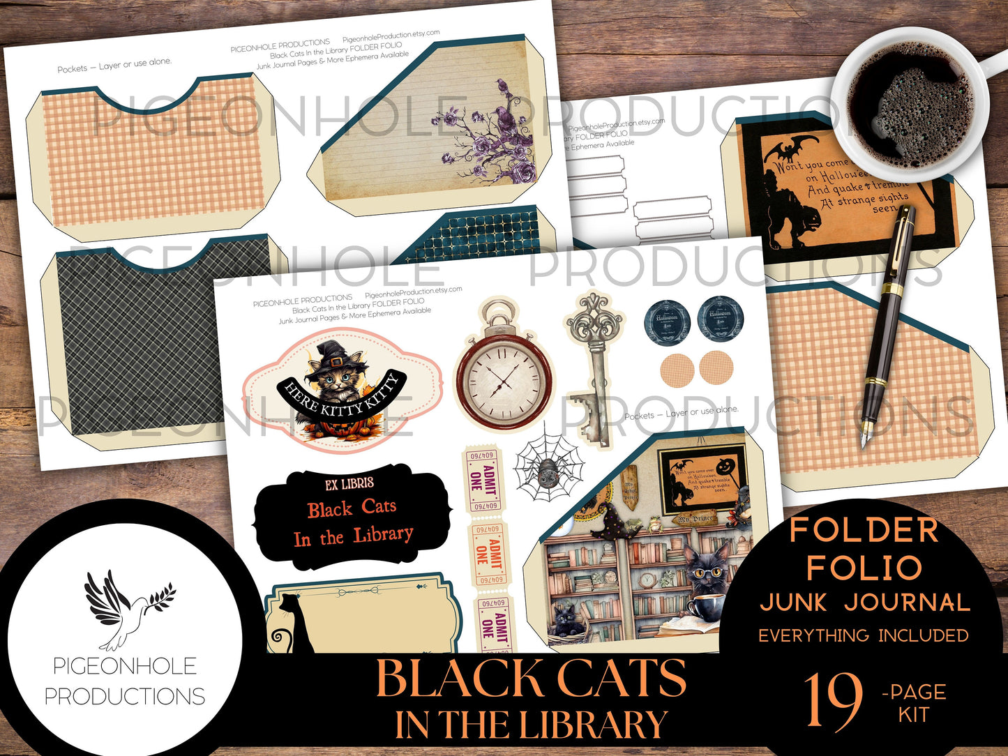 FOLDER FOLIO Black Cats In the Library Halloween Junk Journal, PRINTABLE, cover, backings, pockets, tags, envelope, fussy cuts, stickers