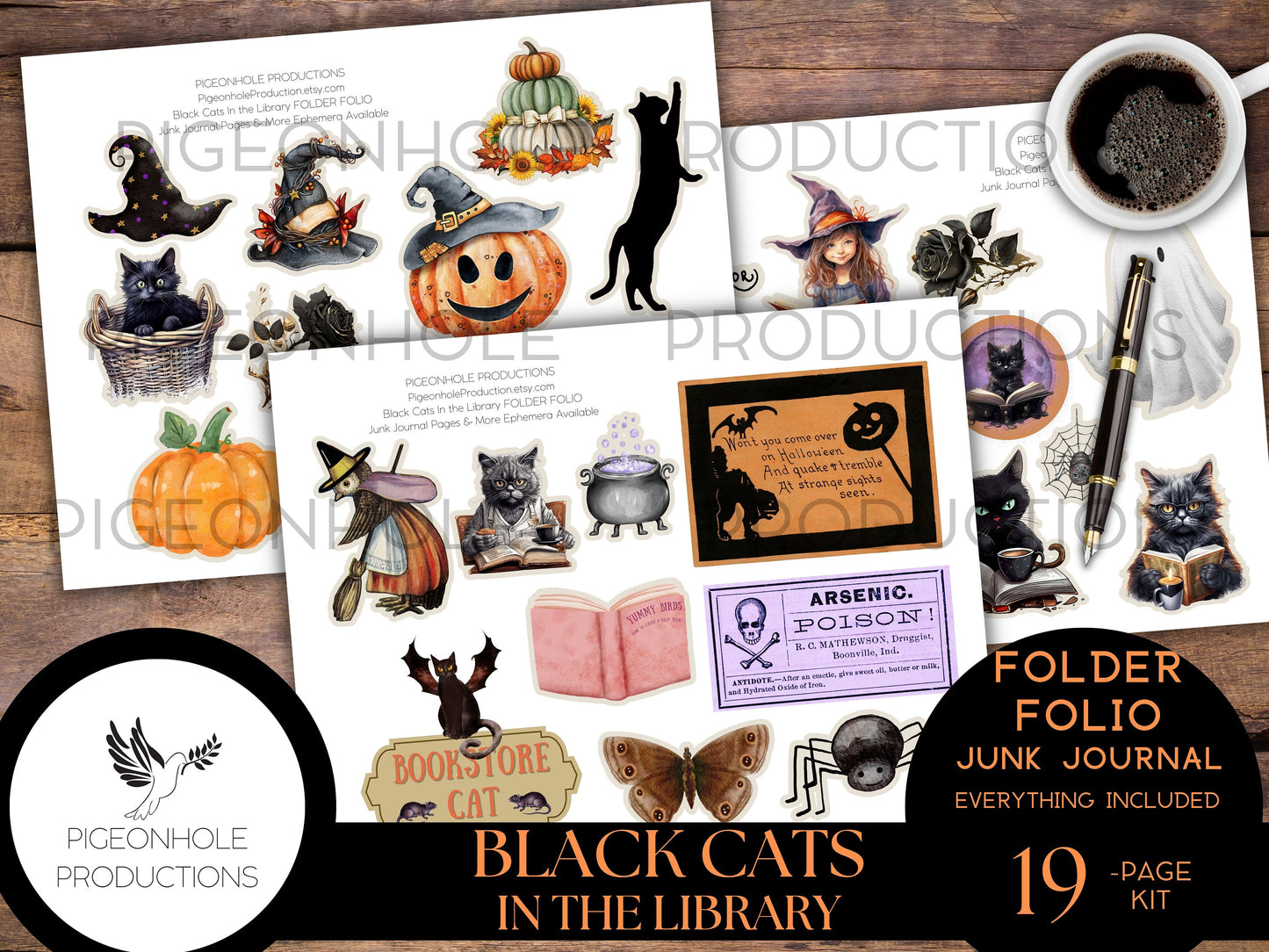 FOLDER FOLIO Black Cats In the Library Halloween Junk Journal, PRINTABLE, cover, backings, pockets, tags, envelope, fussy cuts, stickers