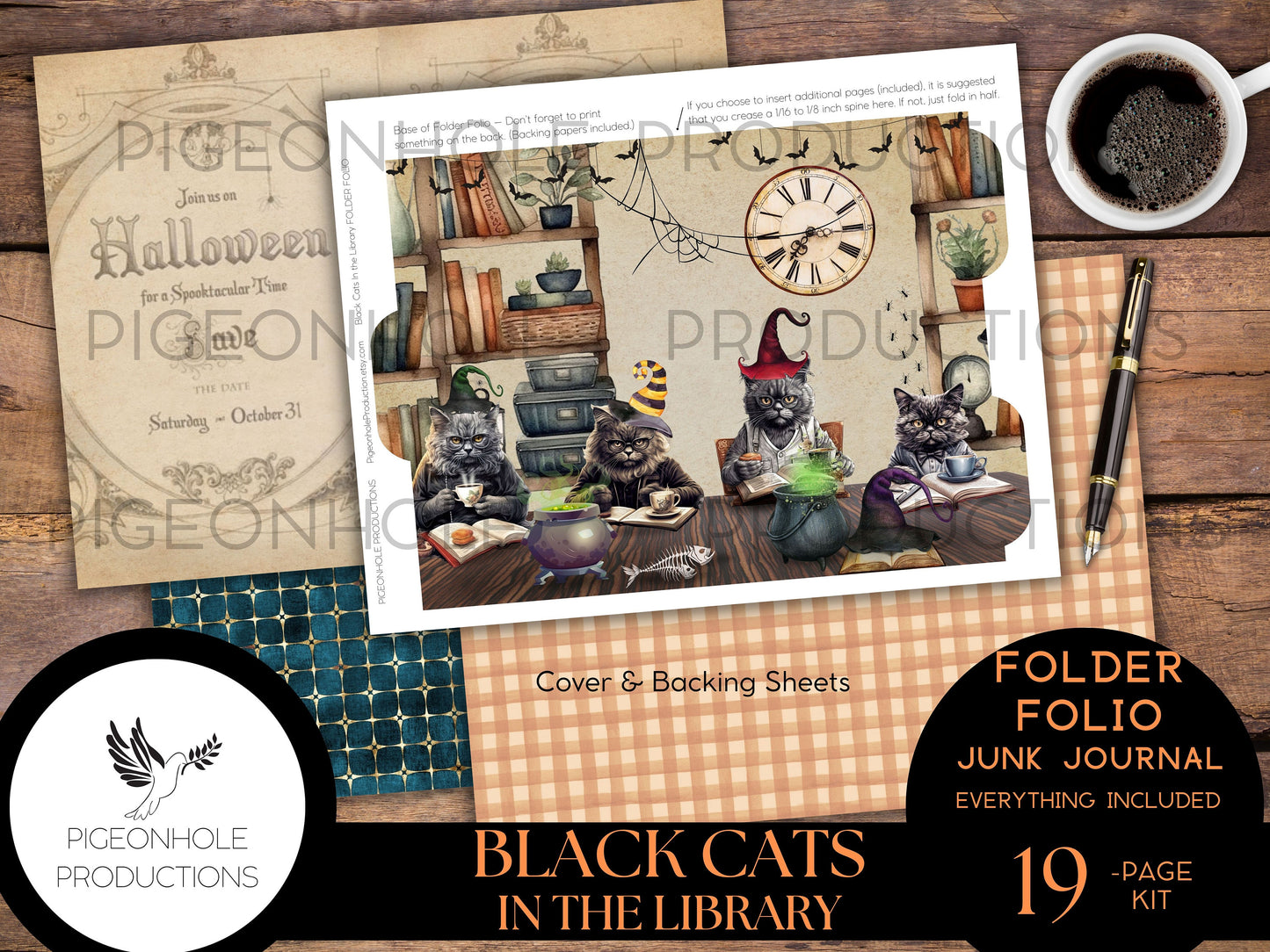 FOLDER FOLIO Black Cats In the Library Halloween Junk Journal, PRINTABLE, cover, backings, pockets, tags, envelope, fussy cuts, stickers