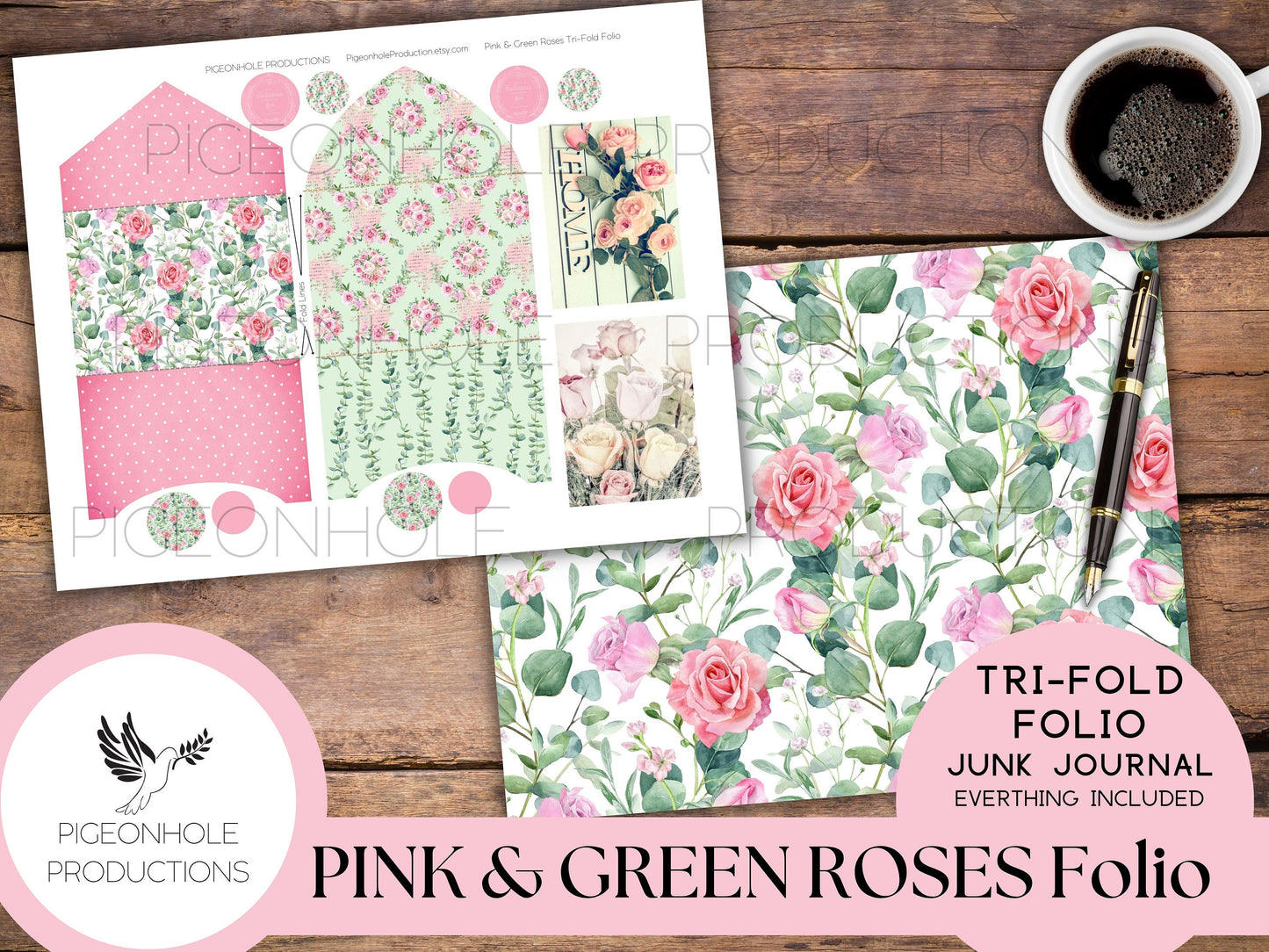 Pink & Green Roses Junk Journal Tri-Fold EPHEMERA FOLIO, PRINTABLE, cover, backings, pockets, belly band, tags, envelopes, fussy cuts, more!