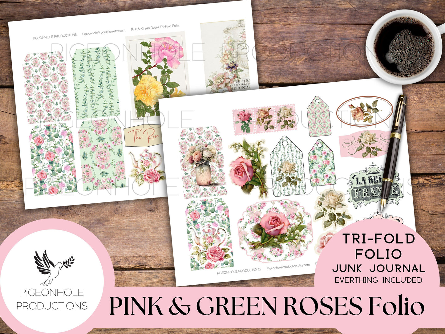 Pink & Green Roses Junk Journal Tri-Fold EPHEMERA FOLIO, PRINTABLE, cover, backings, pockets, belly band, tags, envelopes, fussy cuts, more!