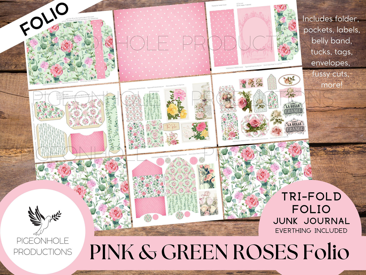 Pink & Green Roses Junk Journal Tri-Fold EPHEMERA FOLIO, PRINTABLE, cover, backings, pockets, belly band, tags, envelopes, fussy cuts, more!