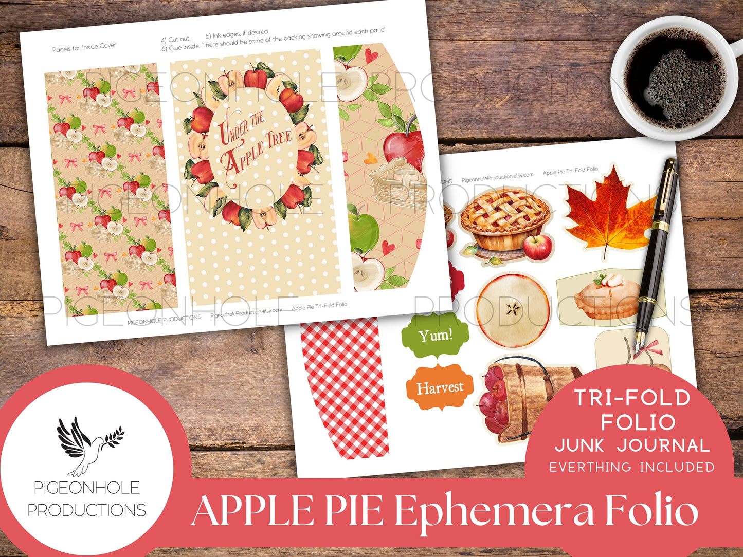 Apple Pie Junk Journal Tri-Fold EPHEMERA FOLIO, PRINTABLE, cover, backings, pockets, belly band, tags, envelopes, fussy cuts, more!