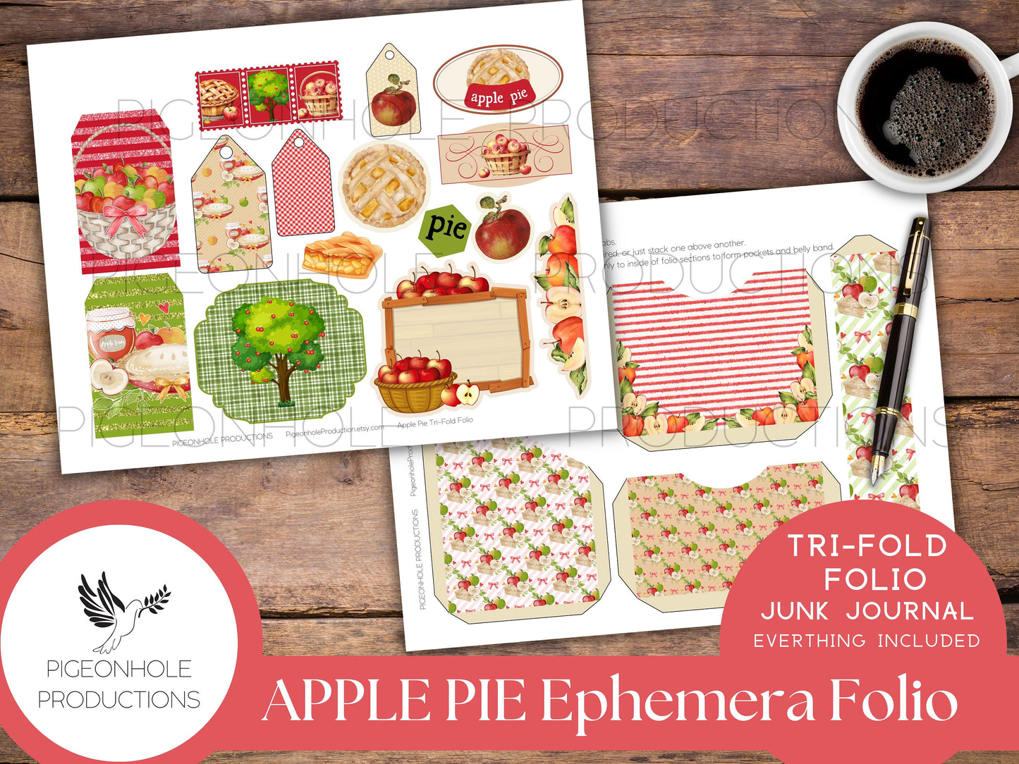 Apple Pie Junk Journal Tri-Fold EPHEMERA FOLIO, PRINTABLE, cover, backings, pockets, belly band, tags, envelopes, fussy cuts, more!