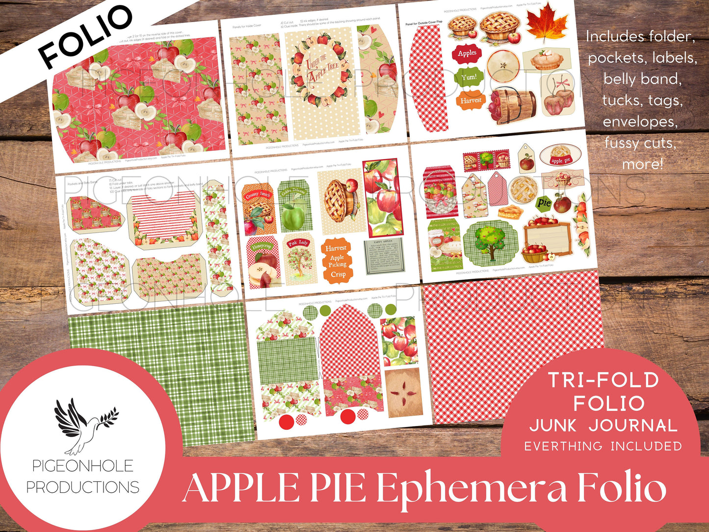 Apple Pie Junk Journal Tri-Fold EPHEMERA FOLIO, PRINTABLE, cover, backings, pockets, belly band, tags, envelopes, fussy cuts, more!
