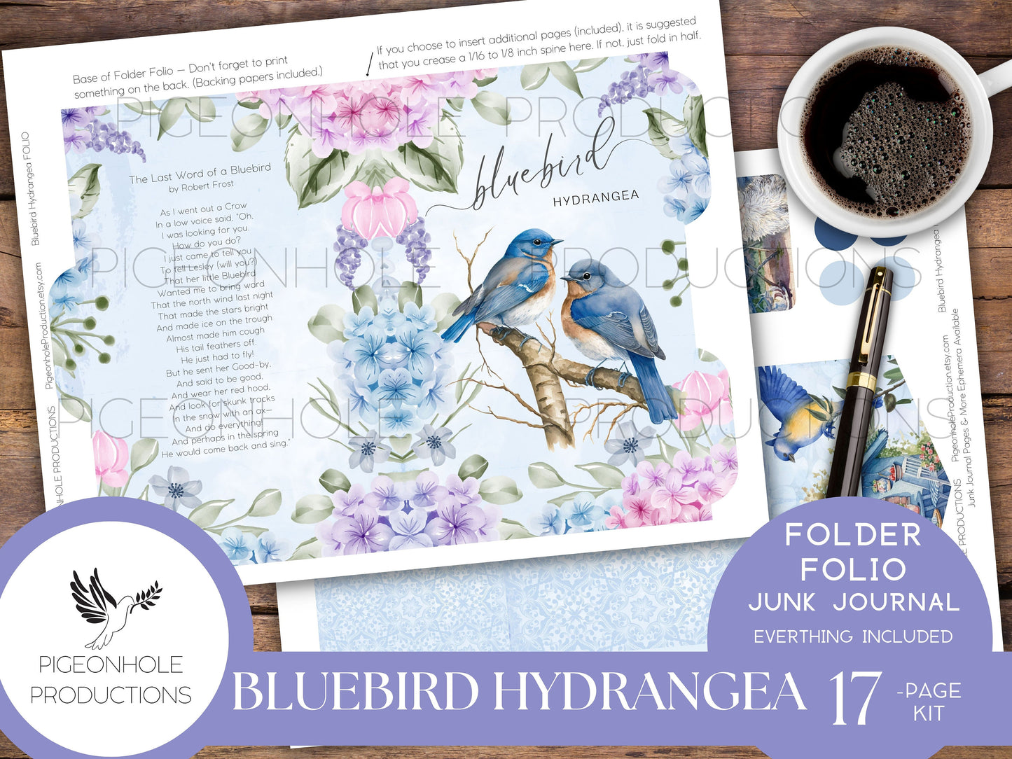 Bluebird Hydrangea Junk Journal FOLIO, PRINTABLE, cover, backings, pockets, belly band, tags, envelope, fussy cuts, very pretty kit!