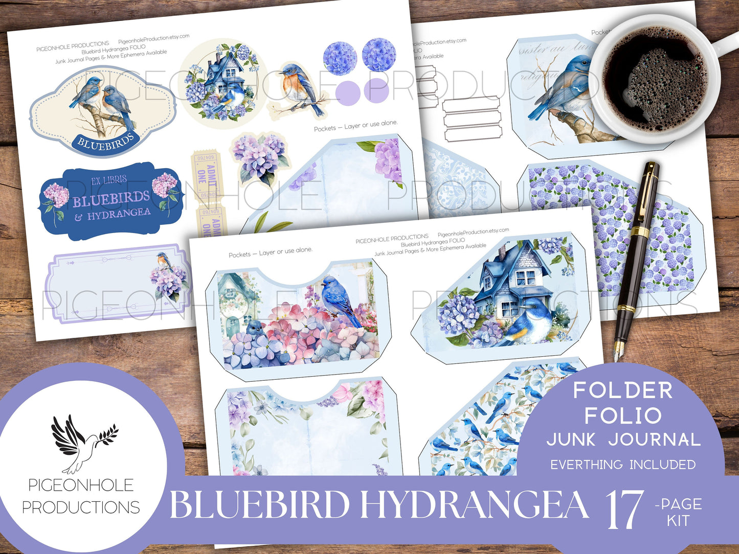 Bluebird Hydrangea Junk Journal FOLIO, PRINTABLE, cover, backings, pockets, belly band, tags, envelope, fussy cuts, very pretty kit!