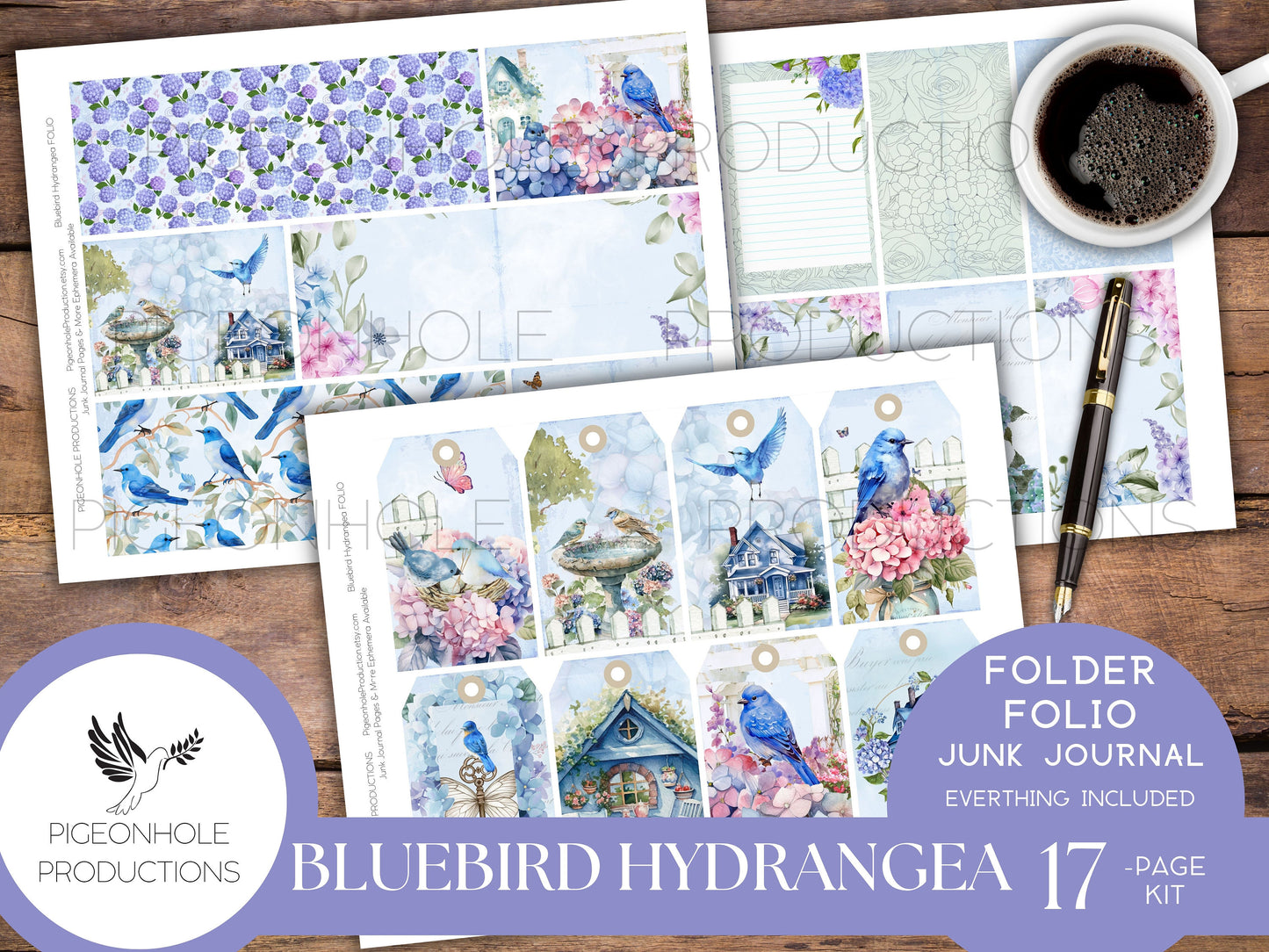 Bluebird Hydrangea Junk Journal FOLIO, PRINTABLE, cover, backings, pockets, belly band, tags, envelope, fussy cuts, very pretty kit!