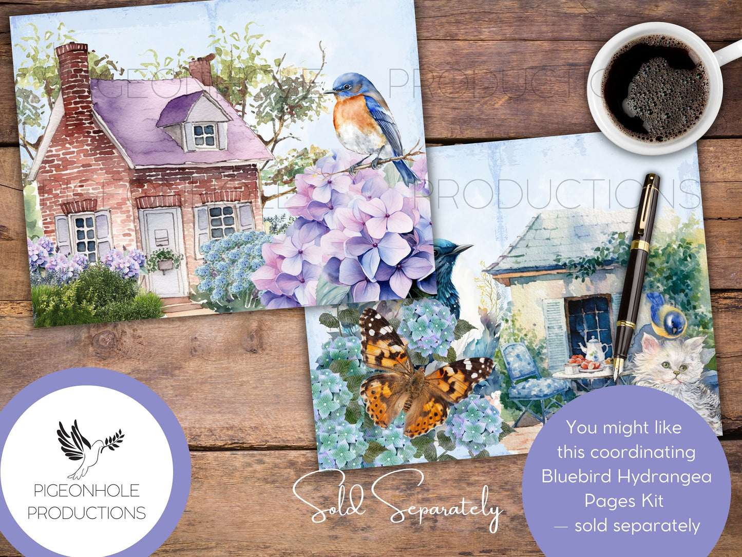 Bluebird Hydrangea Junk Journal FOLIO, PRINTABLE, cover, backings, pockets, belly band, tags, envelope, fussy cuts, very pretty kit!