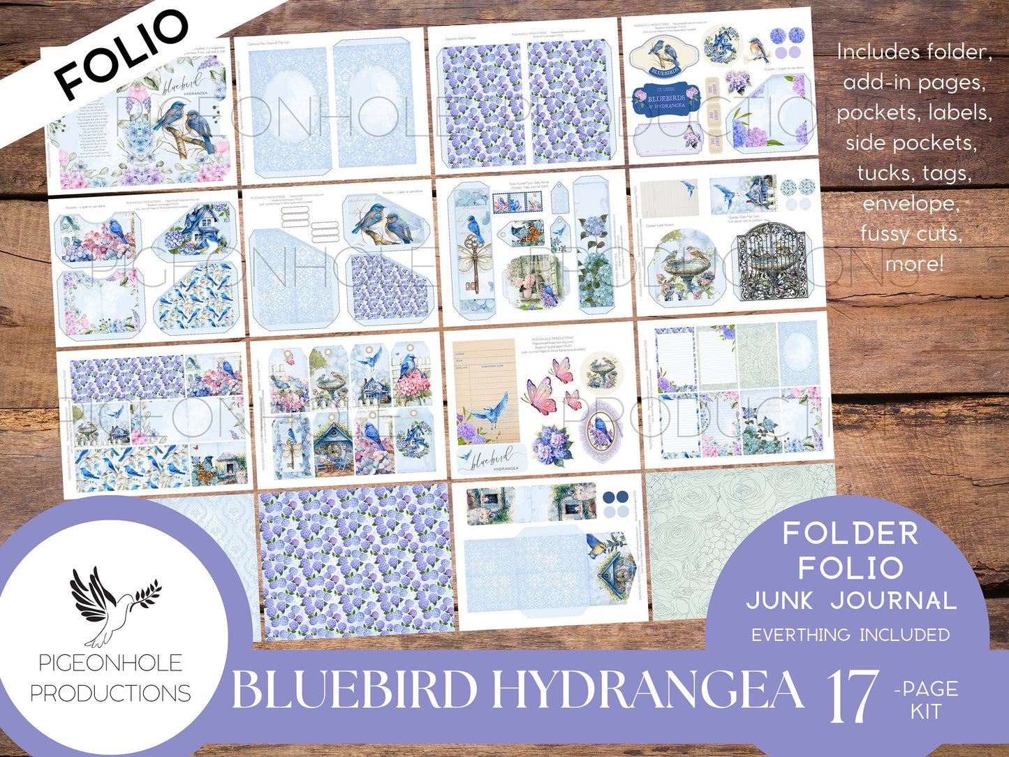 Bluebird Hydrangea Junk Journal FOLIO, PRINTABLE, cover, backings, pockets, belly band, tags, envelope, fussy cuts, very pretty kit!