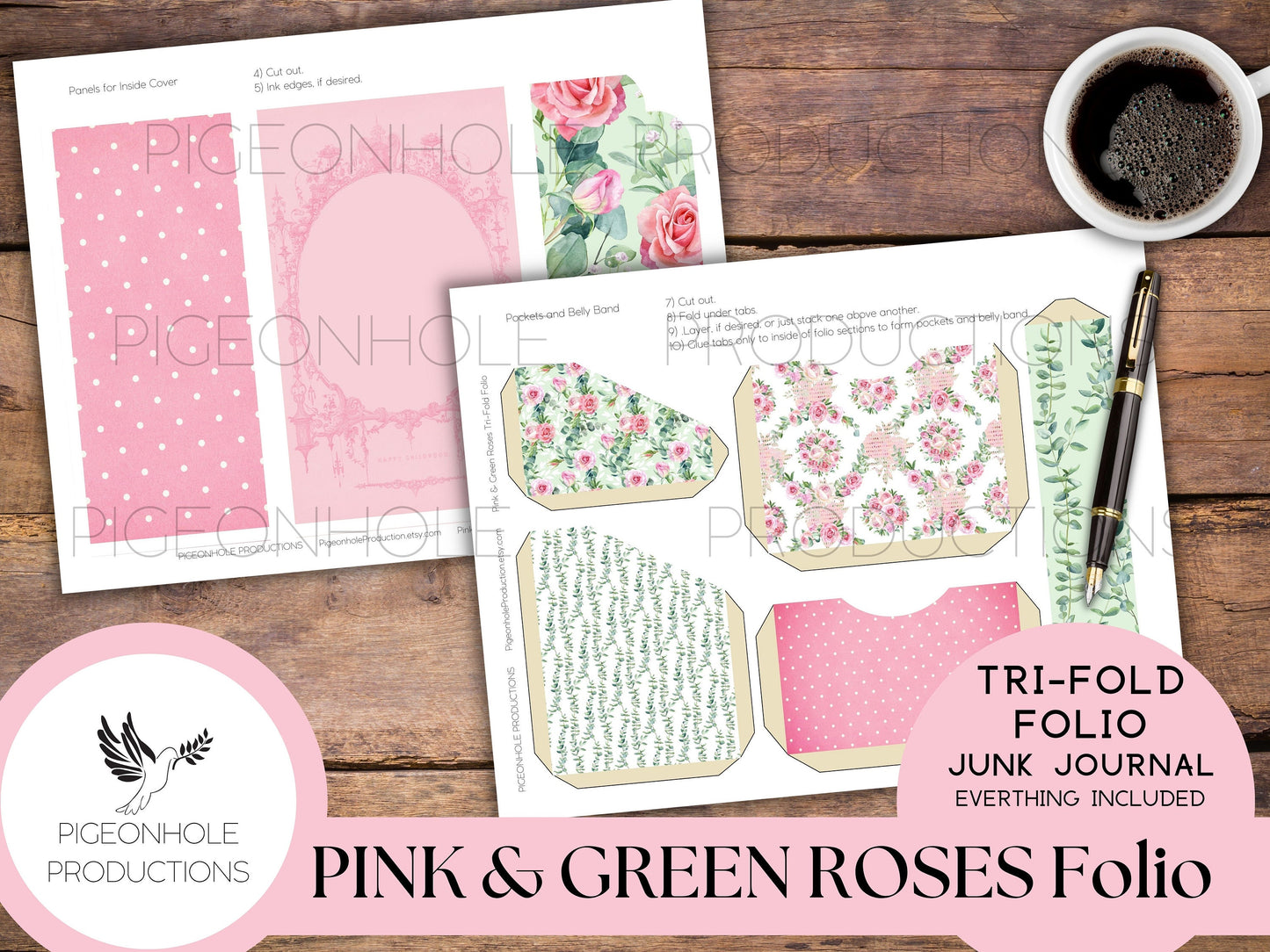 Pink & Green Roses Junk Journal Tri-Fold EPHEMERA FOLIO, PRINTABLE, cover, backings, pockets, belly band, tags, envelopes, fussy cuts, more!