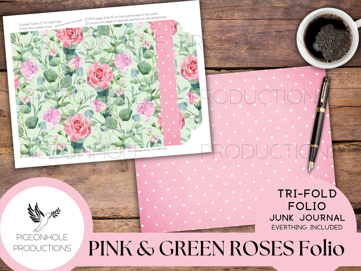 Pink & Green Roses Junk Journal Tri-Fold EPHEMERA FOLIO, PRINTABLE, cover, backings, pockets, belly band, tags, envelopes, fussy cuts, more!