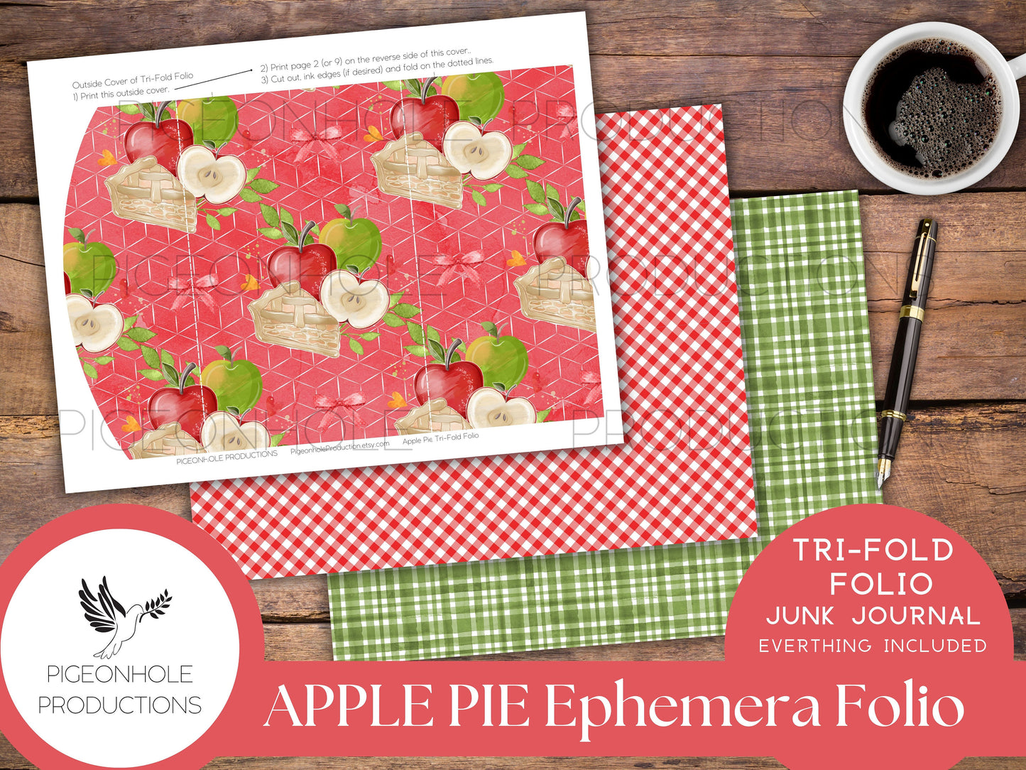 Apple Pie Junk Journal Tri-Fold EPHEMERA FOLIO, PRINTABLE, cover, backings, pockets, belly band, tags, envelopes, fussy cuts, more!