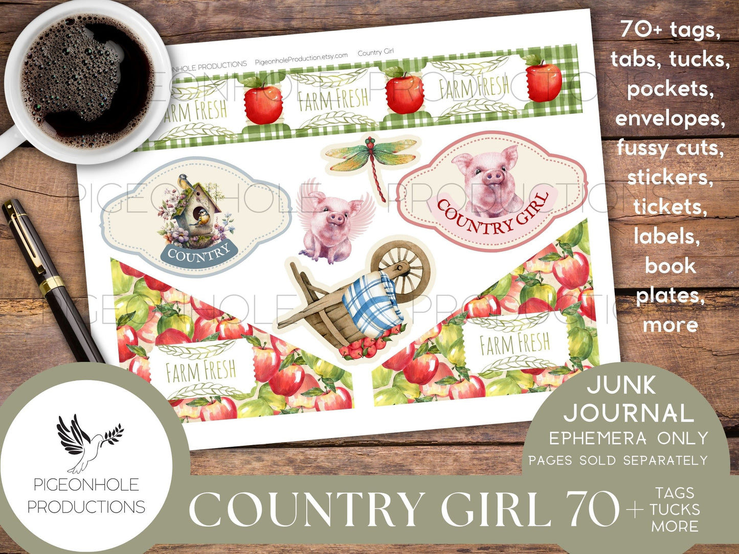 Country Girl Journal EPHEMERA, PRINTABLE, 70+ tags, tucks, pockets, envelopes, fussy cuts, stickers, tickets, labels, bookplates, more!