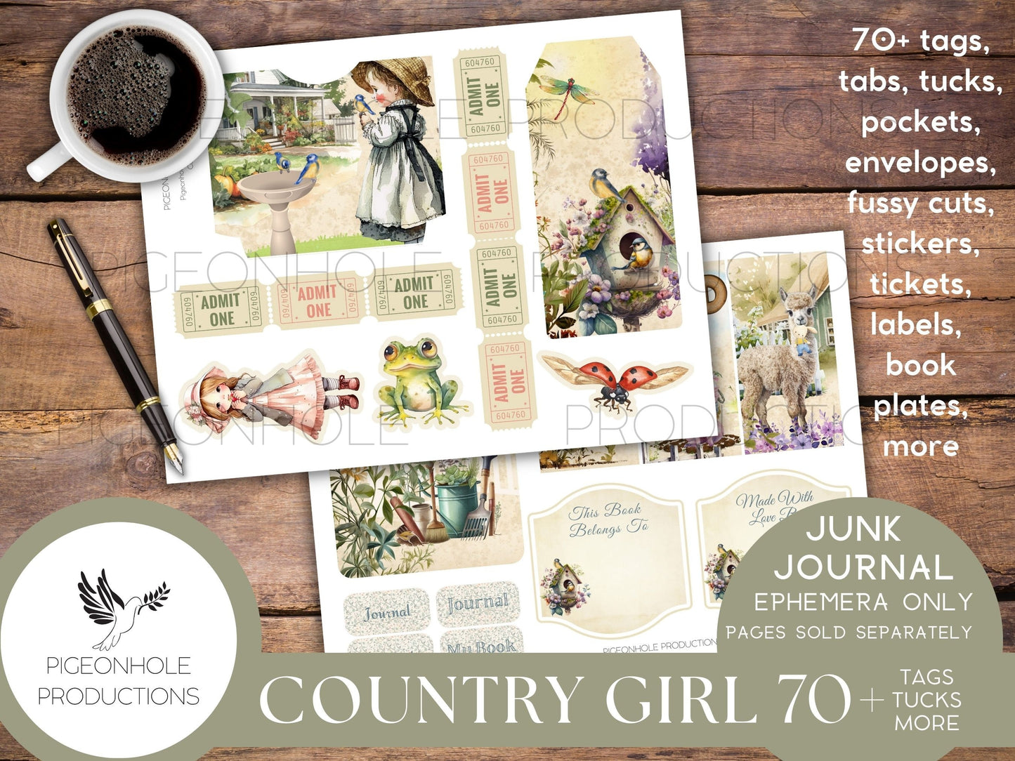 Country Girl Journal EPHEMERA, PRINTABLE, 70+ tags, tucks, pockets, envelopes, fussy cuts, stickers, tickets, labels, bookplates, more!