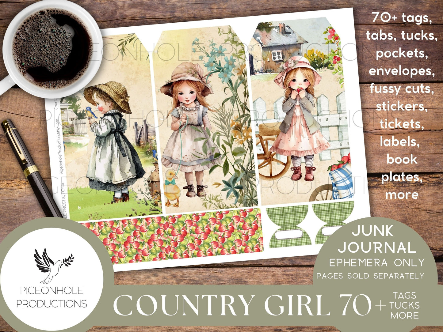Country Girl Journal EPHEMERA, PRINTABLE, 70+ tags, tucks, pockets, envelopes, fussy cuts, stickers, tickets, labels, bookplates, more!
