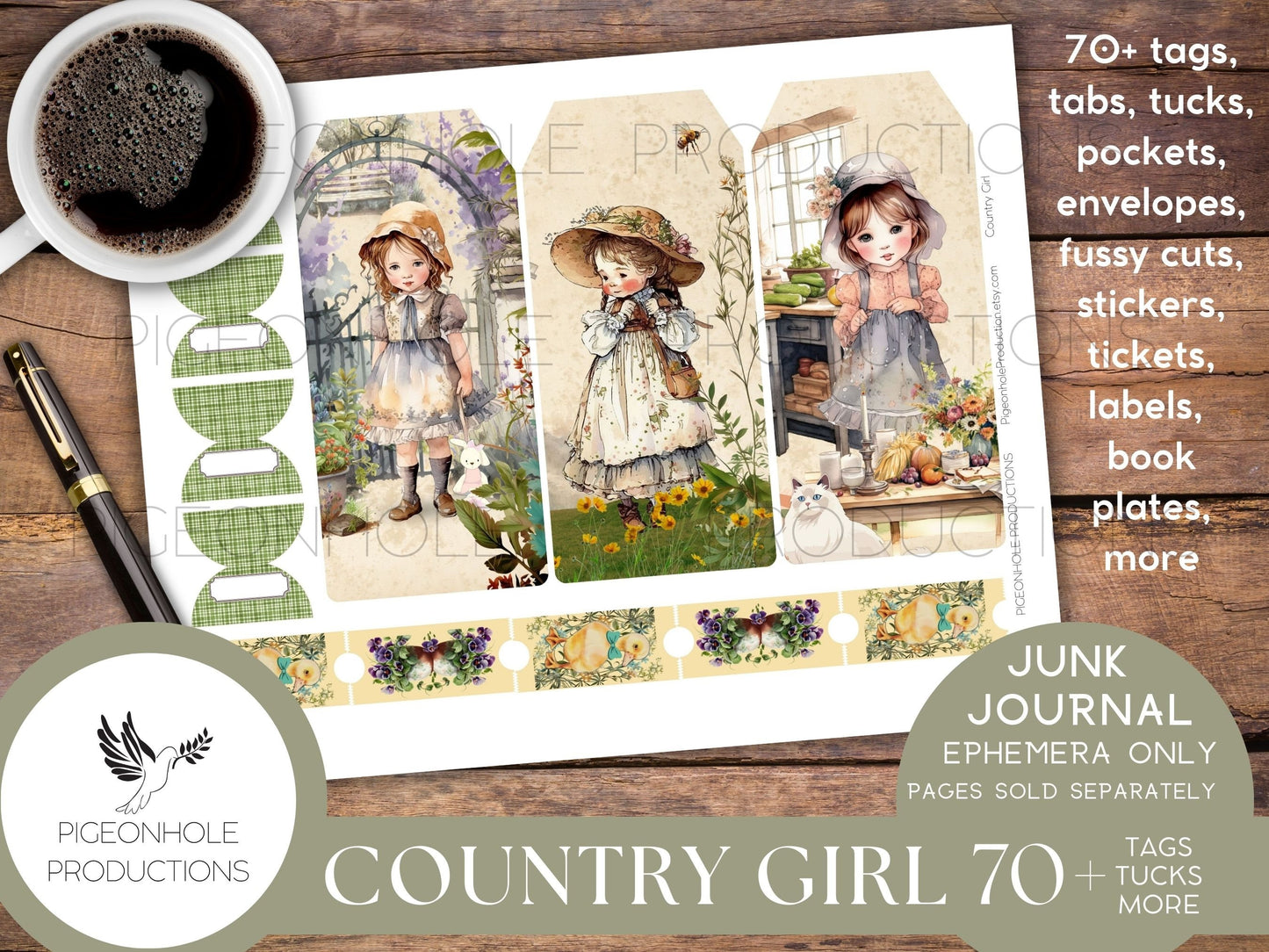 Country Girl Journal EPHEMERA, PRINTABLE, 70+ tags, tucks, pockets, envelopes, fussy cuts, stickers, tickets, labels, bookplates, more!