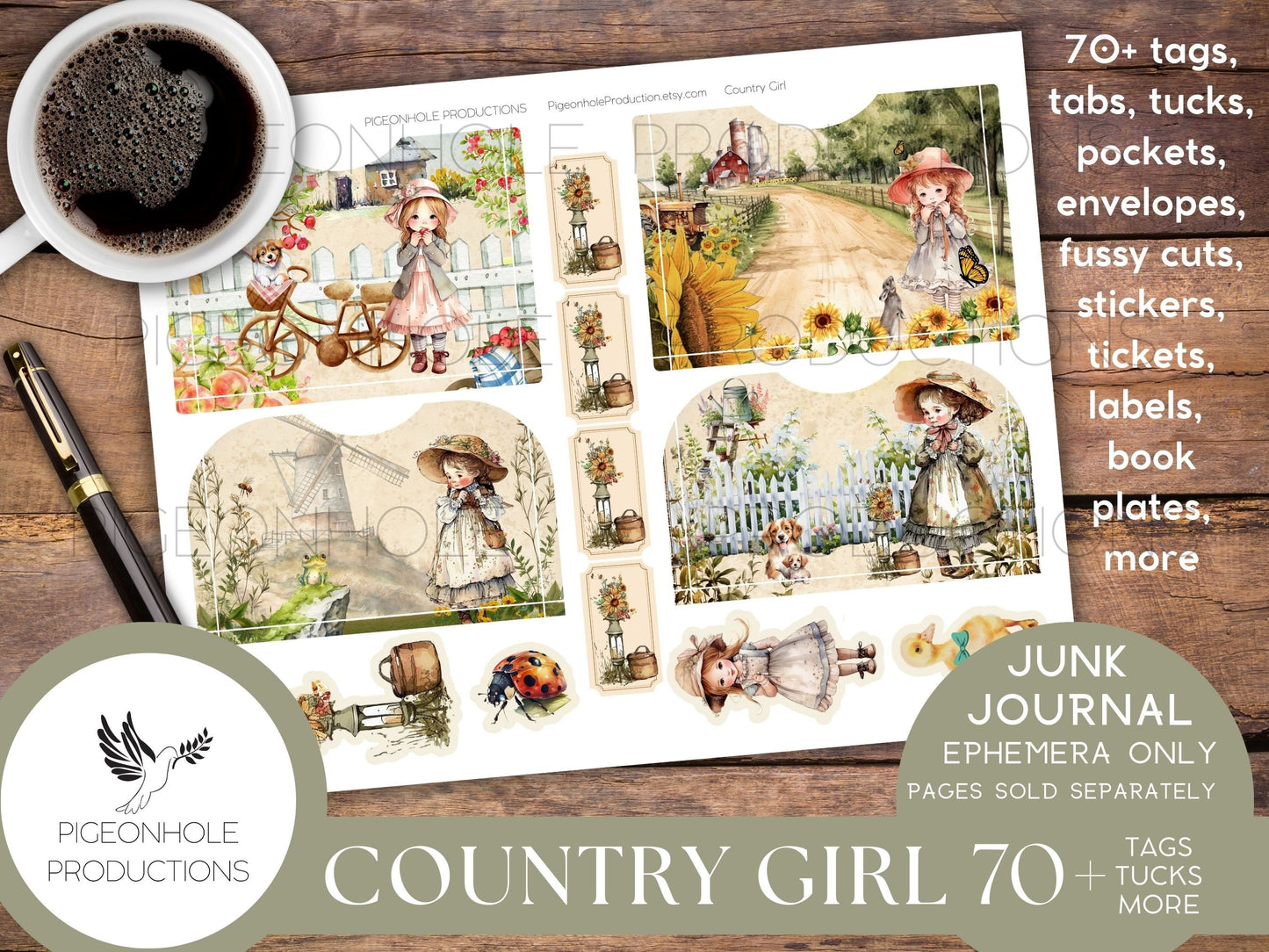Country Girl Journal EPHEMERA, PRINTABLE, 70+ tags, tucks, pockets, envelopes, fussy cuts, stickers, tickets, labels, bookplates, more!