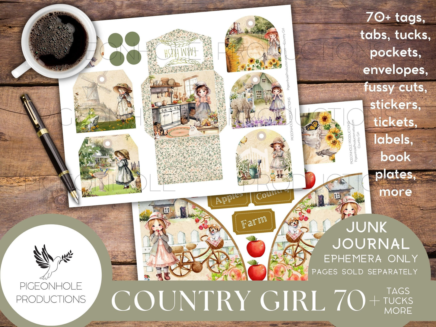 Country Girl Journal EPHEMERA, PRINTABLE, 70+ tags, tucks, pockets, envelopes, fussy cuts, stickers, tickets, labels, bookplates, more!