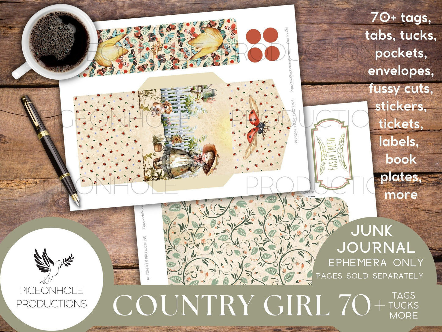 Country Girl Journal EPHEMERA, PRINTABLE, 70+ tags, tucks, pockets, envelopes, fussy cuts, stickers, tickets, labels, bookplates, more!
