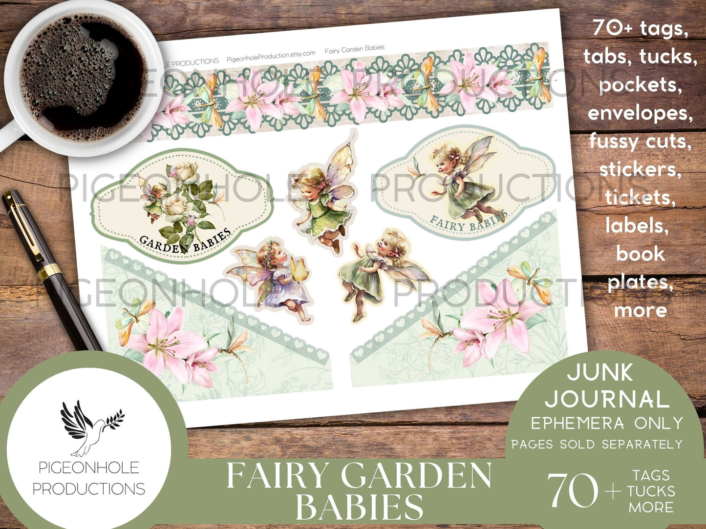 Fairy Garden Babies Junk Journal EPHEMERA, PRINTABLE, 70+ tags, tucks, pockets, envelopes, fussy cuts, stickers, tickets, labels, more!