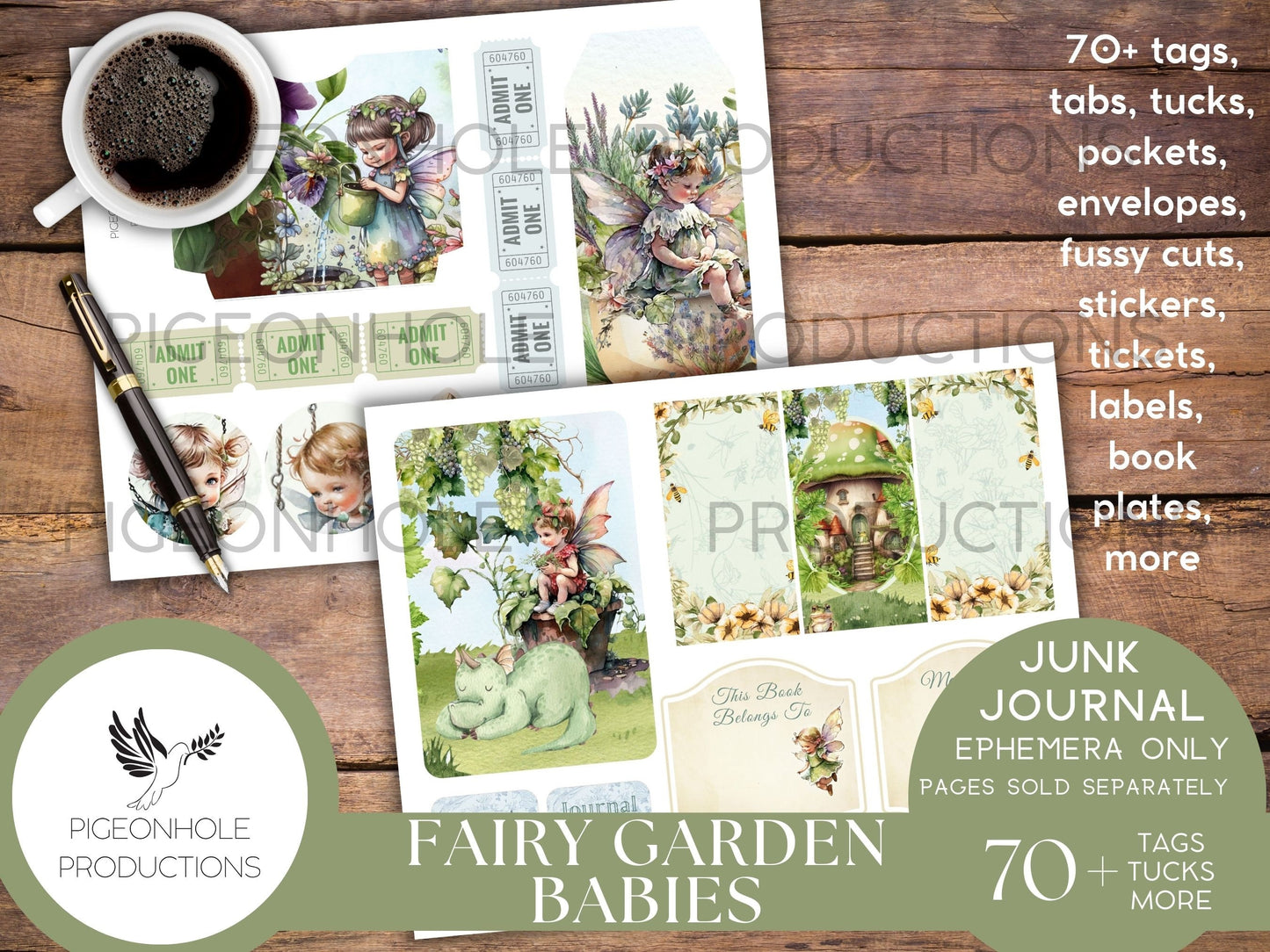 Fairy Garden Babies Junk Journal EPHEMERA, PRINTABLE, 70+ tags, tucks, pockets, envelopes, fussy cuts, stickers, tickets, labels, more!