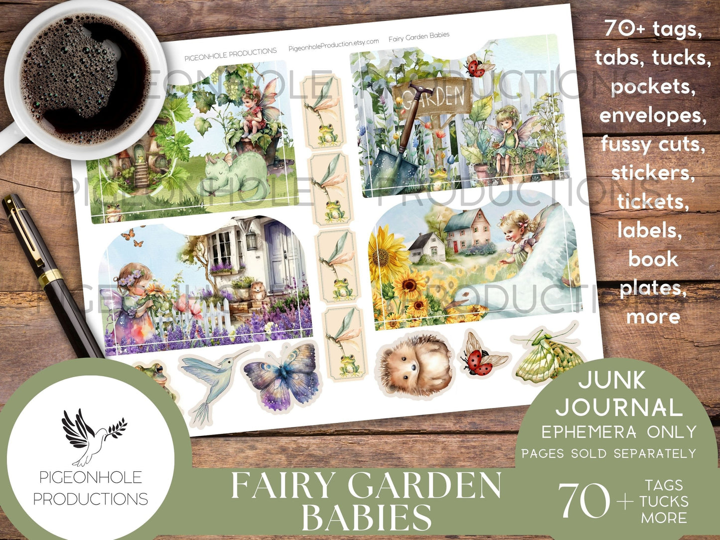 Fairy Garden Babies Junk Journal EPHEMERA, PRINTABLE, 70+ tags, tucks, pockets, envelopes, fussy cuts, stickers, tickets, labels, more!
