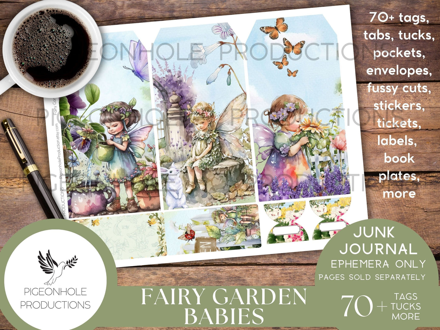Fairy Garden Babies Junk Journal EPHEMERA, PRINTABLE, 70+ tags, tucks, pockets, envelopes, fussy cuts, stickers, tickets, labels, more!