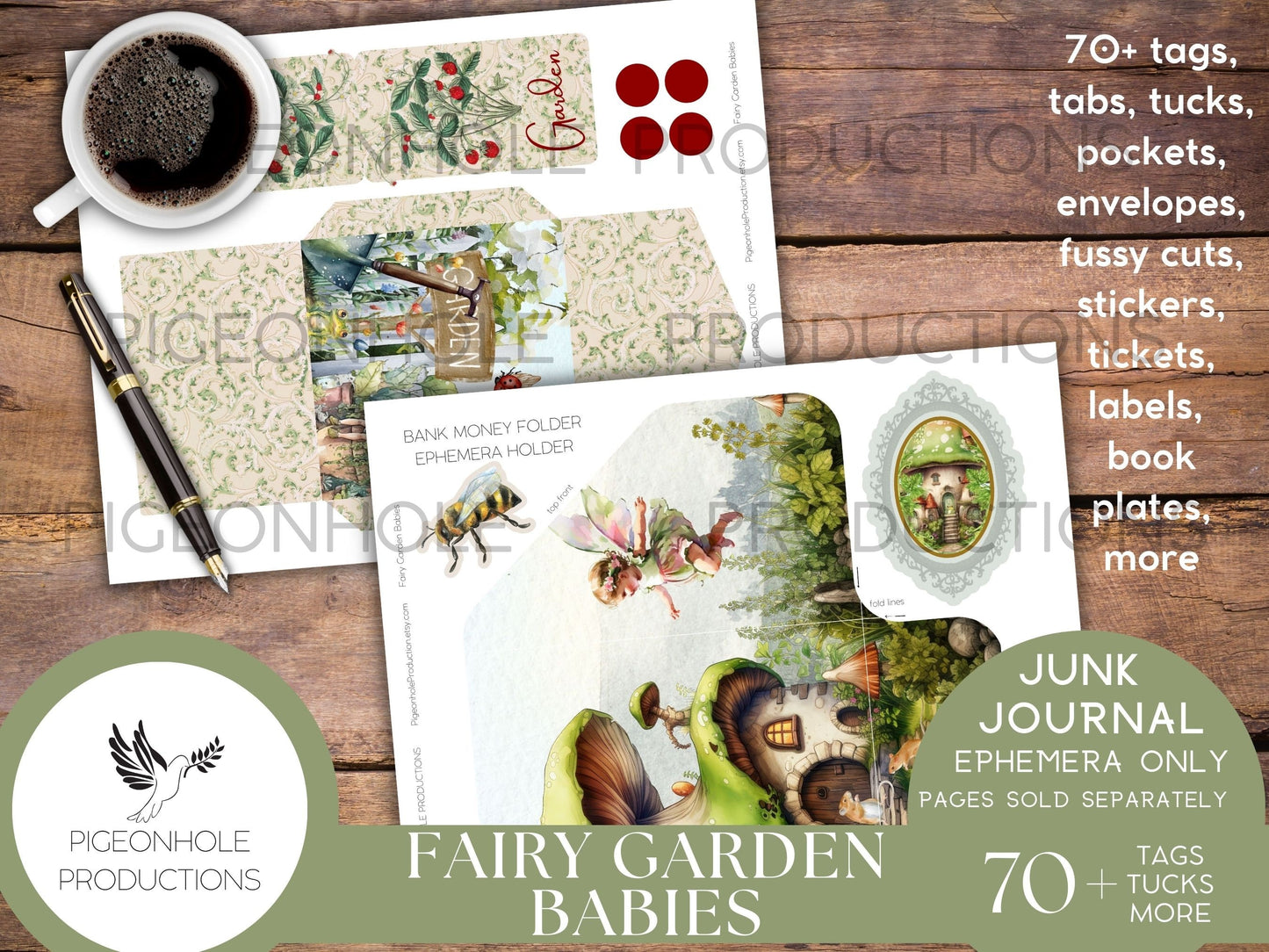 Fairy Garden Babies Junk Journal EPHEMERA, PRINTABLE, 70+ tags, tucks, pockets, envelopes, fussy cuts, stickers, tickets, labels, more!